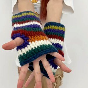 NWOT Vintage Rainbow Striped Crochet • Fingerless Gloves